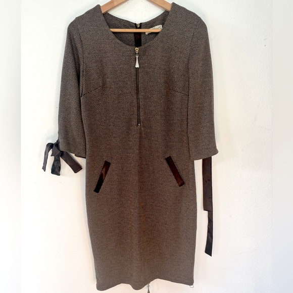 Vintage Miss Istanbull Brown Dress with Ribbon Zipper Details Size 42 US Large - Picture 2 of 14